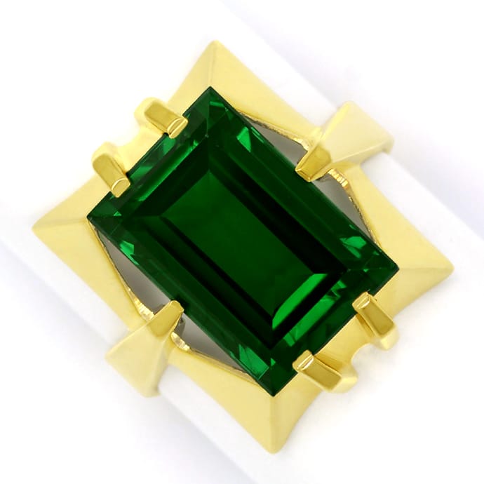 Gelbgold-Ring toller grüner Spinell im Baguette Schliff, aus Edelstein Farbstein Ringen