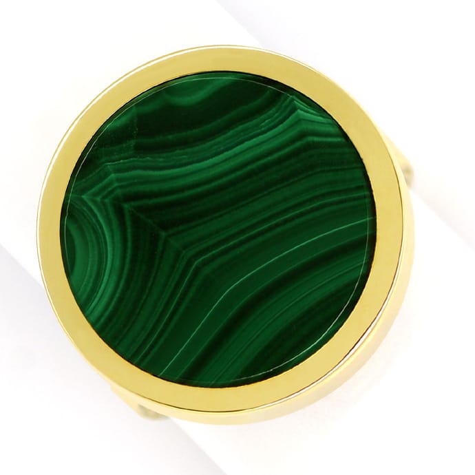 Designer-Gelbgoldring 17mm runde Malachit Platte in 14K, aus Edelstein Farbstein Ringen