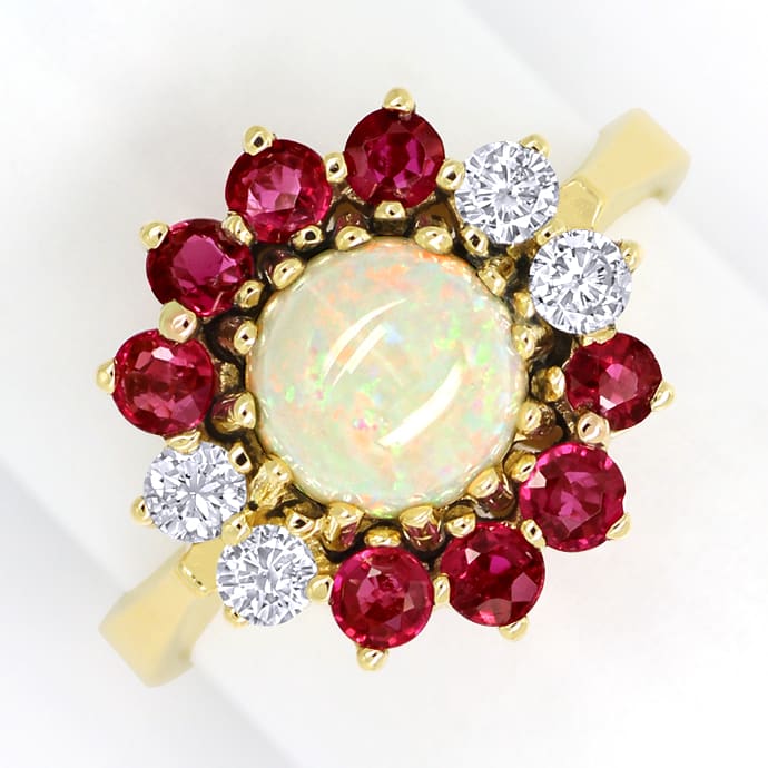 Diamanten Gelbgoldring mit Spitzen Opal Spitzen Rubinen, aus Edelstein Farbstein Ringen