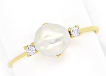 Foto 1 - Diamantenring mit Biwa Perle und Brillanten in Gelbgold, Q1347