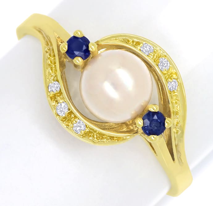 Foto 2 - Damenring mit Diamanten, Perle und Saphiren in Gelbgold, Q1426