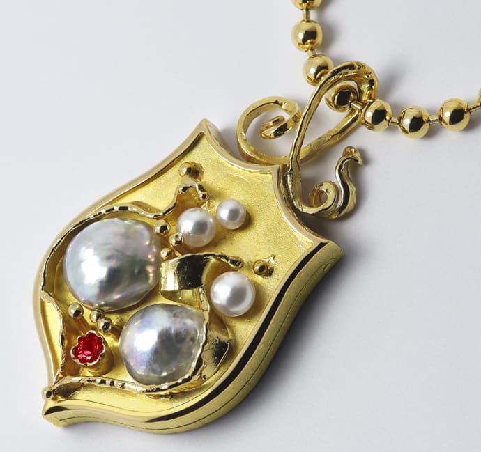 Foto 1 - Gold-Collier Wappen-Medaillon Perlen an Kette, R1572