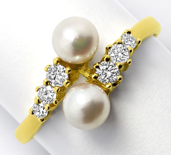 Foto 1 - Gelbgoldring mit Akoya-Perlen und Brillanten, R1663