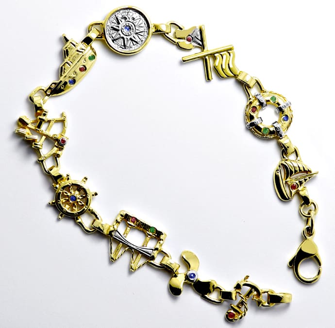Foto 1 - Gold-Armband Seefahrer Motive Farb-Edelsteine, R1709