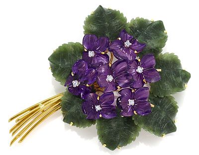 Foto 1 - Blumen Brosche Amethyst Diamant Veilchen Jadeit Blätter, R6653