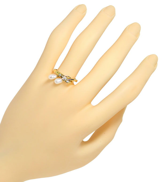Foto 4 - Perlen Ring mit Diamanten und 2 Biwa Perlen in 14K Gold, R8501