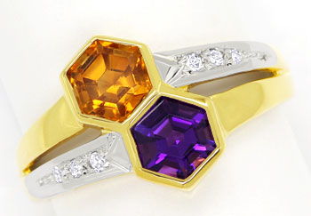 Foto 1 - Designer-Ring mit Amethyst, Citrin, Diamanten, 14K Gold, R8513