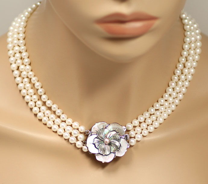 Foto 4 - 3-Reihen Perlen Collier Riesen Perlmutt Blüte, R9092