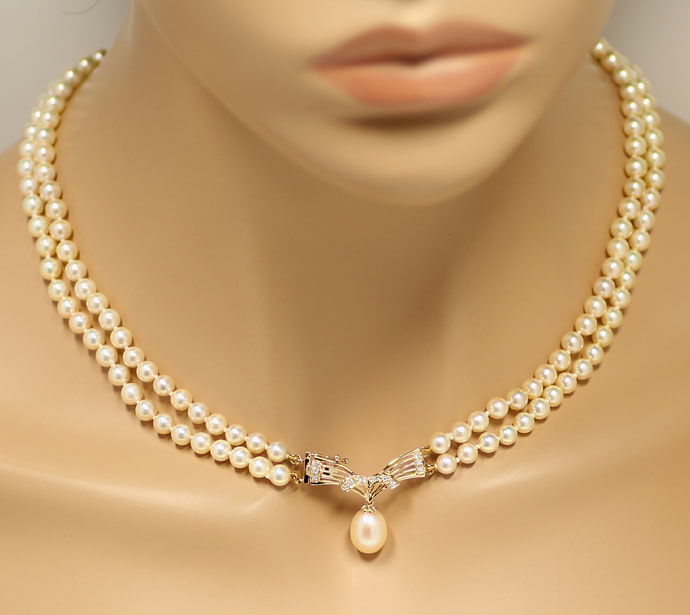 Foto 4 - Perlenkollier zweireihig mit Diamanten und Tropfenperle, R9093