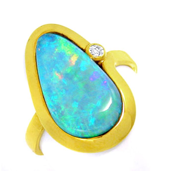 Gelbgold-Ring, Boulder Opal! Brillant in River! 14Karat, aus Edelstein Farbstein Ringen