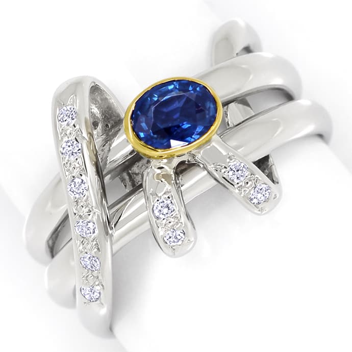Diamantring 10 Brillanten und blauer Saphir in Weißgold, aus Edelstein Farbstein Ringen