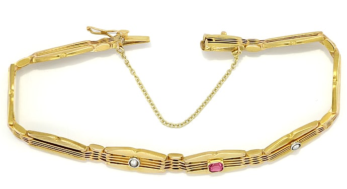 Foto 1 - Antik-Gelbgold-Armband Perlen rosa Farbstein, S2983