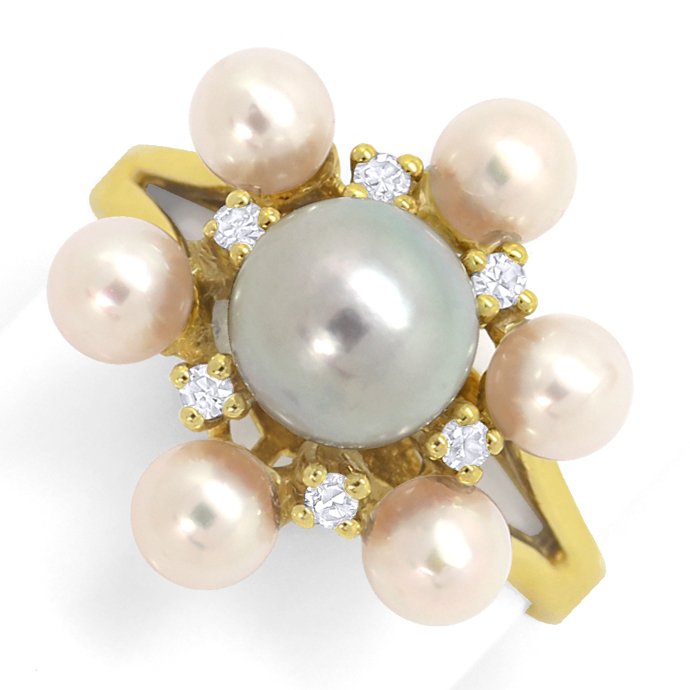Dekorativer Gold-Ring mit Zuchtperlen und Diamanten 14K, aus Edelstein Farbstein Ringen