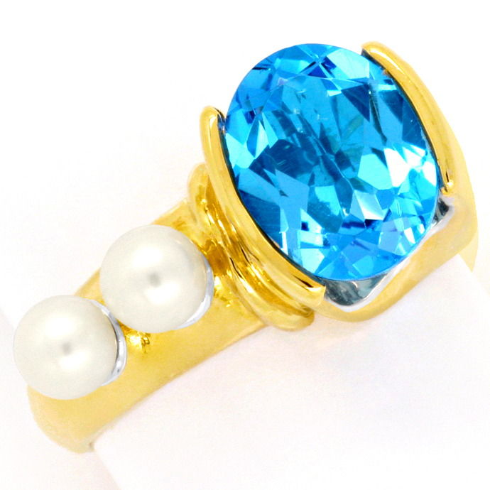 Designer-Ring Blauer Topas Akoya Perlen Gelbgold, aus Edelstein Farbstein Ringen