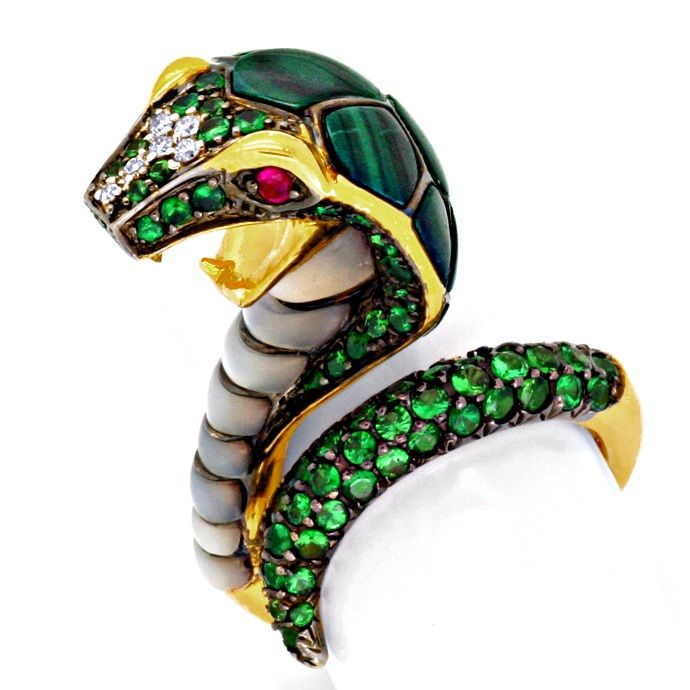 Kobra Ring, Tsavorithe Rubine Perlmutt Malachit, aus Edelstein Farbstein Ringen