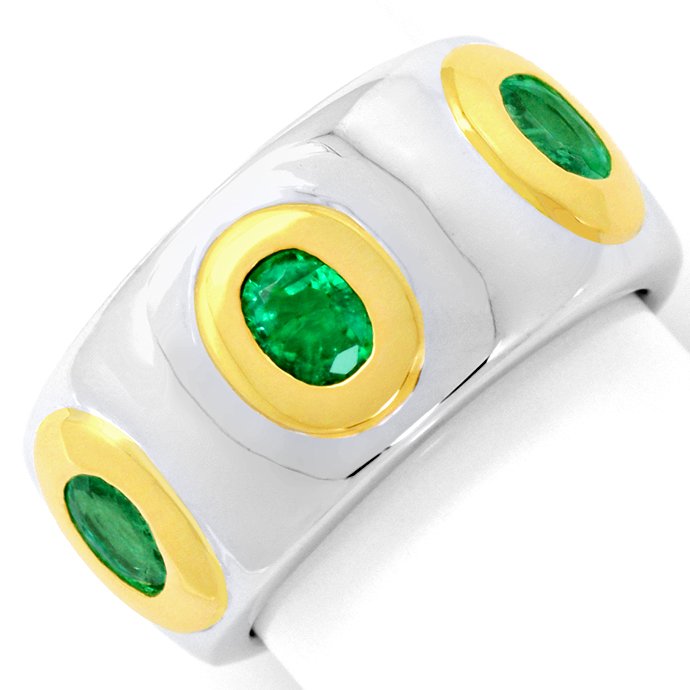 Weißgold-Ring 1,05 ct Smaragde in Gelbgold-Zargen, 18K, aus Edelstein Farbstein Ringen