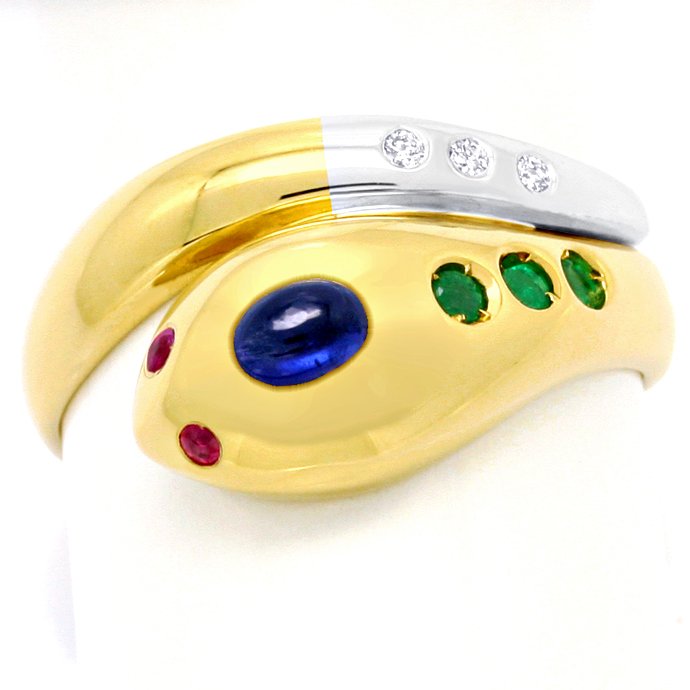 Schlangenring Brillanten Safir Rubine Smaragde 18K Gold, aus Edelstein Farbstein Ringen