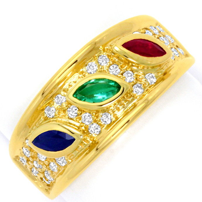 Brillant-Ring mit Safir Rubin Smaragd Navetten Gelbgold, aus Edelstein Farbstein Ringen