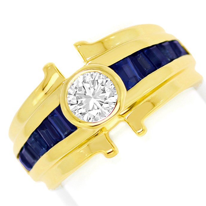 Gelbgold-Ring 0,56ct Brillant-Solitär Saphir Baguetten, aus Designer-Solitär-Diamantringe Brillantringe