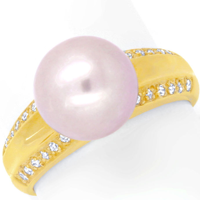 Gelbgoldring mit 9 mm großer Perle und 24 Diamanten 14K, aus Edelstein Farbstein Ringen