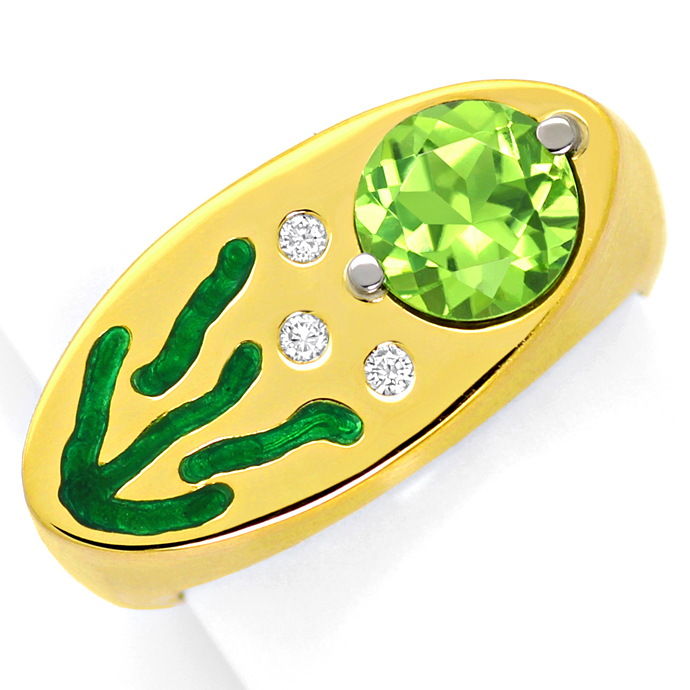 Gold-Ring Brillanten Peridot Grünes Transluzid Emaille, aus Edelstein Farbstein Ringen