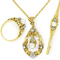 zum Artikel Antik Set Ring Collier Brosche Perlen Diamanten, S5411
