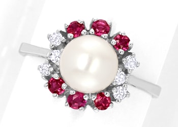 Foto 1 - Schicker Weißgoldring Perle Diamanten Rubine, S5774