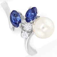 zum Artikel Eleganter Weißgoldring Perle Saphire Diamanten, S5995