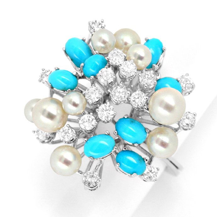 Diamant Handarbeits-Ring Türkise Zuchtperlen, aus Edelstein Farbstein Ringen