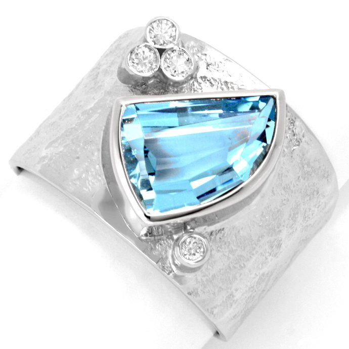 Diamant Aquamarin Ring Handarbeit 18K Weiss, aus Edelstein Farbstein Ringen