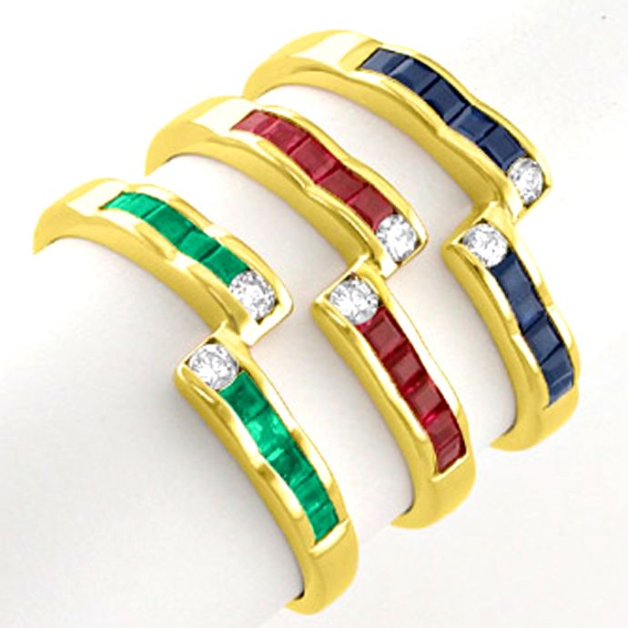 3 Top Rubin Safir Smaragd Brillant-Ringe 18K, aus Edelstein Farbstein Ringen