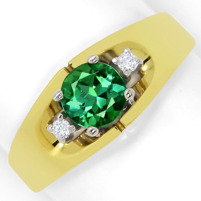 Grüner Spitzen Turmalin im Brillantring Gelb Weißgold, aus Edelstein Farbstein Ringen