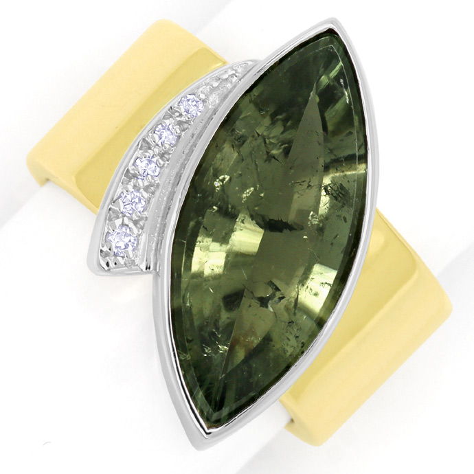 Designer-Ring mit grüner Turmalin Navette und Diamanten, aus Edelstein Farbstein Ringen