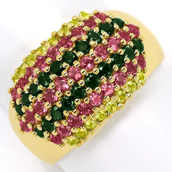Dekorativer breiter Ring, Gelbgold, 65 bunte Farbsteine, aus Edelstein Farbstein Ringen