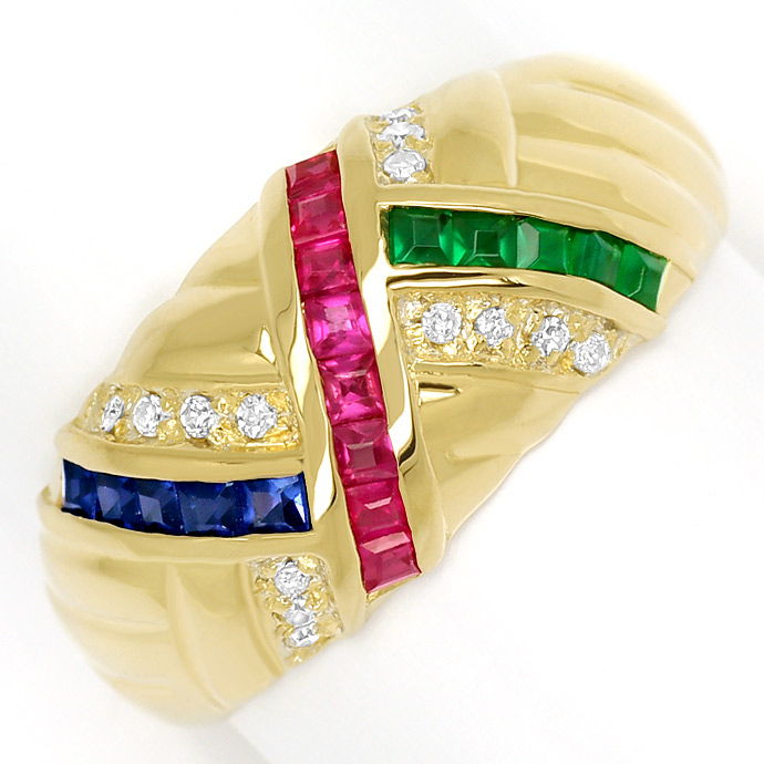Goldbandring mit bunten Farbstein Carrees und Diamanten, aus Edelstein Farbstein Ringen