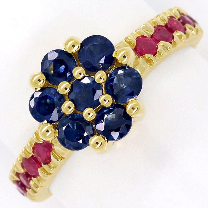 Entzückender Blüten Ring mit Rubinen und Safiren in 14K, aus Edelstein Farbstein Ringen