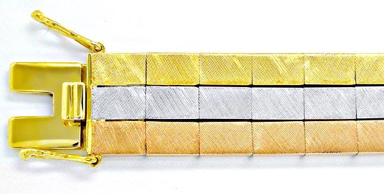 Rauten graviertes Armband in dreireihiger Dominoform in Gelbgold, Weißgold und Rotgold